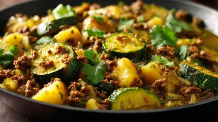 A colorful Mexican skillet dish of Calabacitas con Carne Molida en Salsa Verde, served in a shallow black pan.