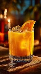 A glass tumbler filled with Ron Punch, rich tropical colors, garnished with a twisted orange peel on the rim.