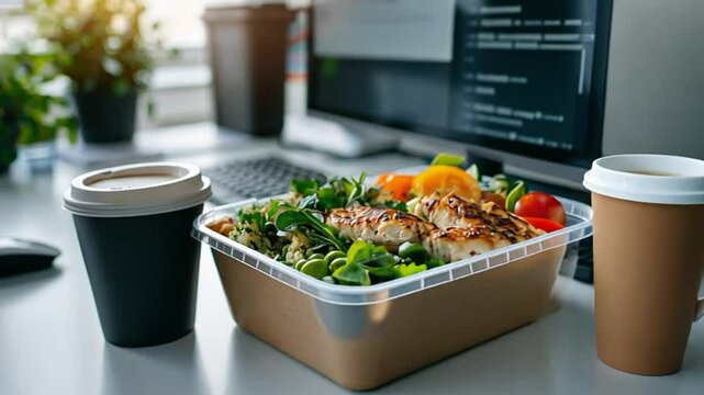 Healthy Office Lunch Break: Chicken Salad, Coffee, and Code
