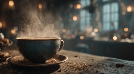 Fototapeta premium Steaming Teacup on Rustic Wooden Table with Warm Lighting