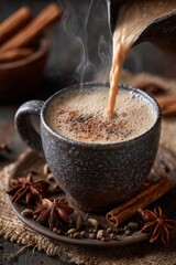 Pouring Steaming Chai Tea into a Dark Mug with Spices