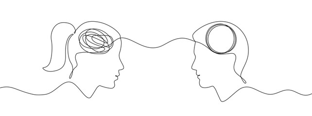 Woman head with a tangled mind and a man's head with an unraveling thread of thoughts, one continuous editable line. Vector concept of chaos and problems in relationships and marriage, mental health