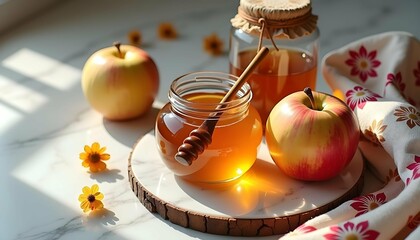 Honey jar with apples and honey dipper on wooden slice in sunlight  