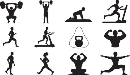 Twelve Black Silhouettes Fitness Exercises Weightlifting Treadmill Kettlebell