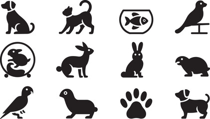 Black Silhouette Icons of Various Pets Dog Cat Rabbit Bird Fish Turtle