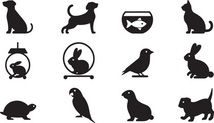 Black Silhouette Pet Animals Icons Set Collection vector