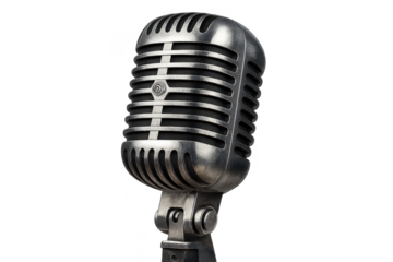 Classic silver microphone isolated on transparent background, cut-out design