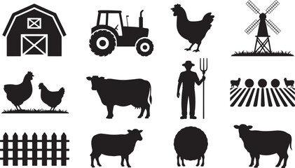 Ten Black Farm Animal and Equipment Silhouettes animals