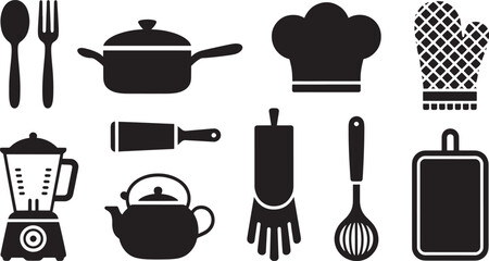 Ten Black Kitchen Utensil Silhouettes Vector Graphics