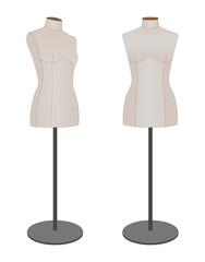 Realistic vector illustration of two female dressmaker mannequins on stands. Tailoring and fashion design forms for garment fitting. Isolated on white background.