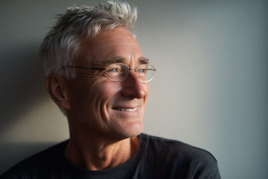 Highly detailed portrait of a cheerful mature man smiling confidently with a warm and friendly expression
