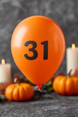 Orange Balloon: A studio shot orange balloons shaped number 31 pumpkins candles cobwebs Halloween decorations.
