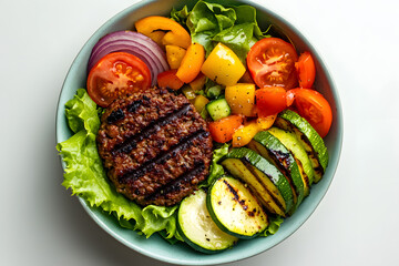Vegan burger bowl with grilled summer vegetables on pastel aqua plate