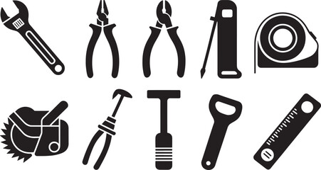 Ten Black Silhouette Tool Icons Set Wrench Pliers Hammer 1