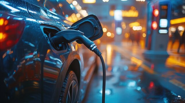Electric vehicle charging at night in a vibrant urban setting with city lights