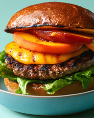 Plant-based burger with grilled peach slices on pastel blue dish