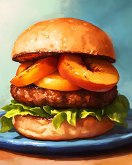 Plant-based burger with grilled peach slices on pastel blue dish