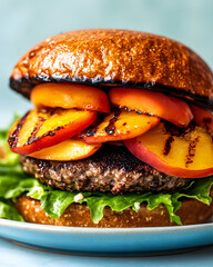 Plant-based burger with grilled peach slices on pastel blue dish