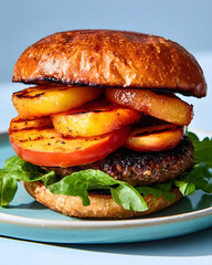 Plant-based burger with grilled peach slices on pastel blue dish