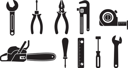 Ten Black Silhouette Tool Icons Wrench Pliers Saw tools 1