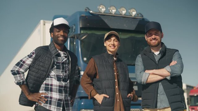 Three proud logistics workers looking directly at camera, standing confidently in front of parked blue truck. Wearing casual outdoor vests and caps, posing as a team under clear daylight.