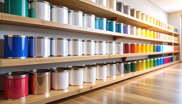 Botes de pintura de colores organizados en estanter&iacute;as de madera, creando un degradado crom&aacute;tico.

