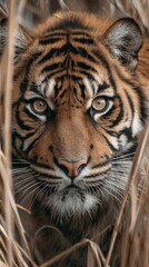 Fototapeta premium Close-up Portrait of a Tiger in Tall Grass