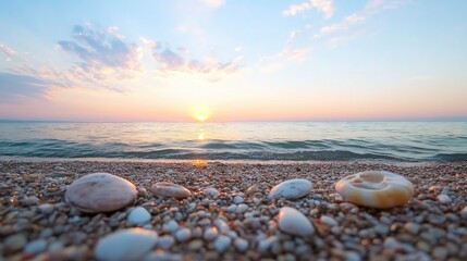 A tranquil beach scene at sunrise. Seashells on the shore