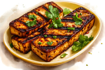 Spicy grilled tofu steaks with herbs on pastel yellow platter