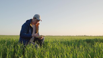 Working on farm with digital tablet in agriculture. Farmer with tablet evaluates with his hand...