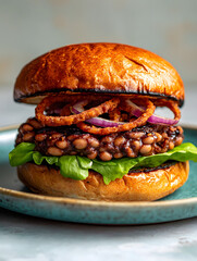 Plant-based BBQ bean burger with red onion and lettuce on pastel teal dish