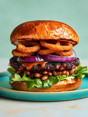 Plant-based BBQ bean burger with red onion and lettuce on pastel teal dish
