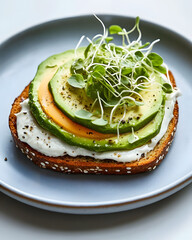 Open-faced veggie burger with avocado and sprouts on pastel blue plate