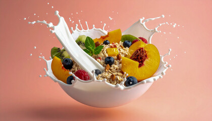 Colorful Cereal Splash with Peach, Kiwi and Berries on Pink Background