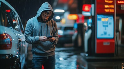 Young man in hoodie using smartphone at gas station on rainy night