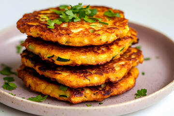 Crispy zucchini fritters with fresh herbs on pastel lavender plate