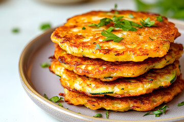 Crispy zucchini fritters with fresh herbs on pastel lavender plate