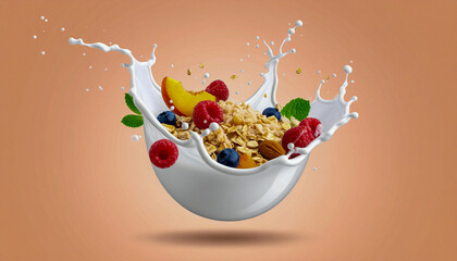 Flying Cereal with Splashing Milk and Fresh Fruits on Light Orange Background