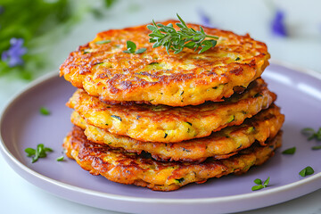 Crispy zucchini fritters with fresh herbs on pastel lavender plate