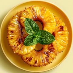 Grilled pineapple rings with mint on pastel yellow plate