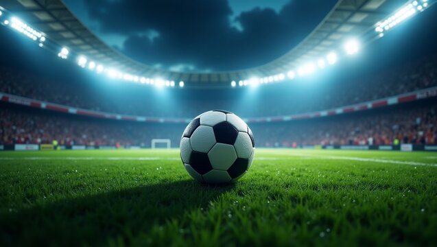 uma cena de futebol dram&aacute;tica e cinematogr&aacute;fica &agrave; noite, dentro de um est&aacute;dio lotado. Bola no centro