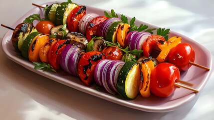 Colorful grilled vegetable kebabs on pastel lavender platter