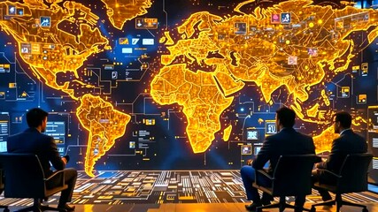 Global monitoring team observing a world map interface - Powered by Adobe