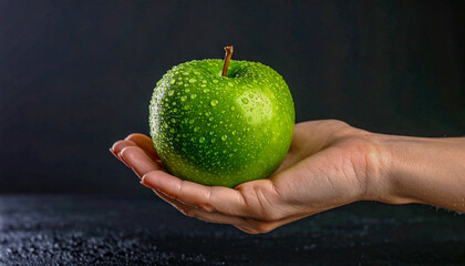 Fresh Green Apple with Water Droplets Held in Hands