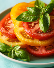 Sliced heirloom tomato salad with basil on pastel aqua serving dish
