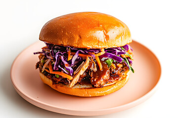 Vegan BBQ jackfruit sandwich with slaw on pastel peach plate
