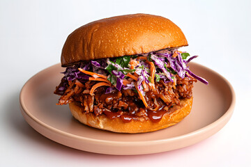 Vegan BBQ jackfruit sandwich with slaw on pastel peach plate