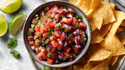 Bowl of homemade pico de gallo with finely chopped tomatoes red onion jalapeños and cilantro served with tortilla chips fresh and zesty.
