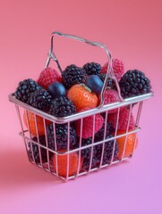 Mini Metal Basket Filled with Fresh Berries on Pink Background
