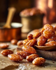 Mandorle Pralinate: A studio shot glossy caramel coated almonds crunchy shell golden brown sugar crystals rugged texture homemade sweetness.
